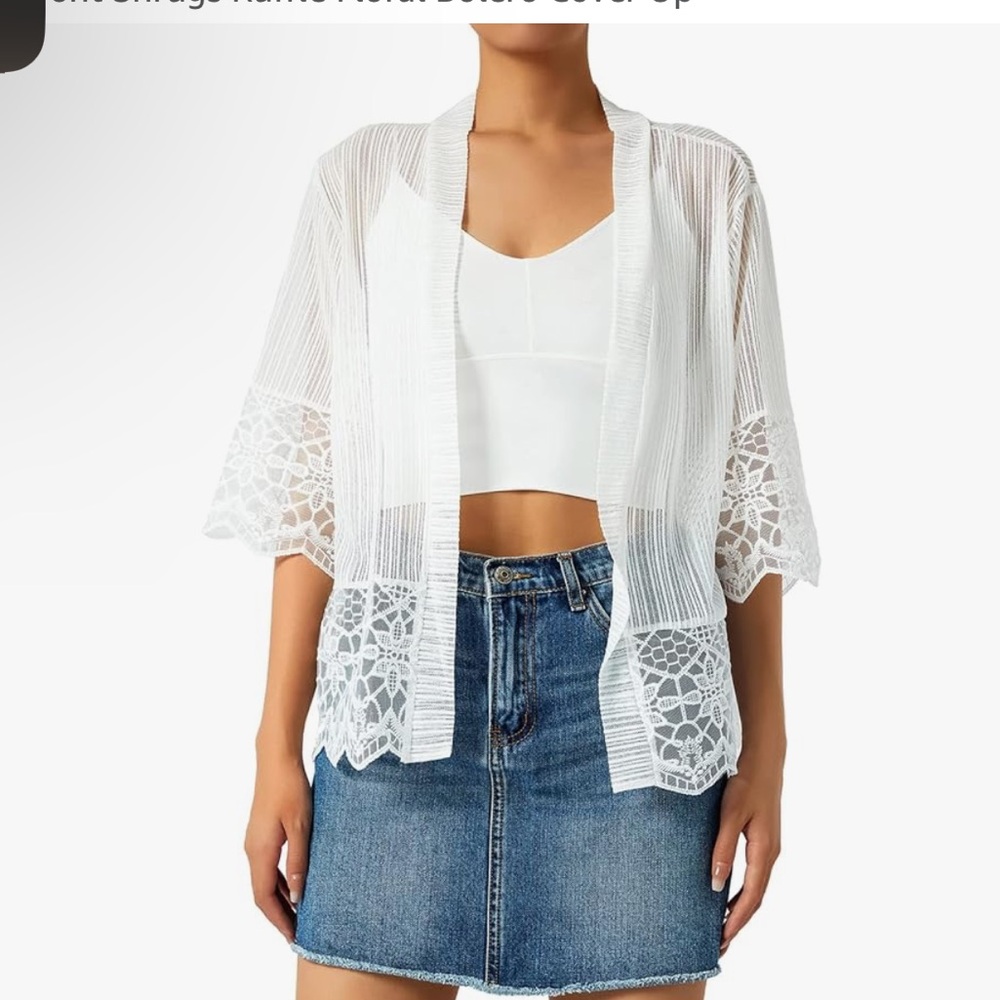 Lace Sheer Cardigan Sweater Short Sleeve Open Front Shrug Floral Bolero Cover Up - Picture 2 of 12